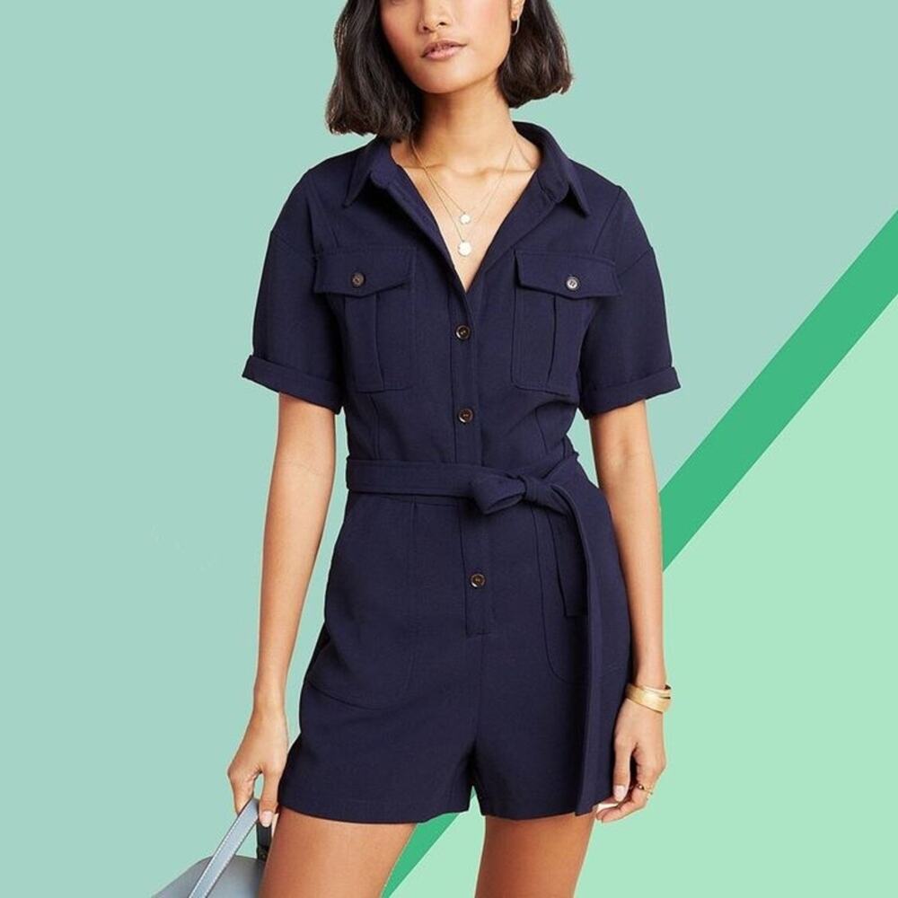 Greylin Delton Utility Romper Navy Blue Anthropologie Medium